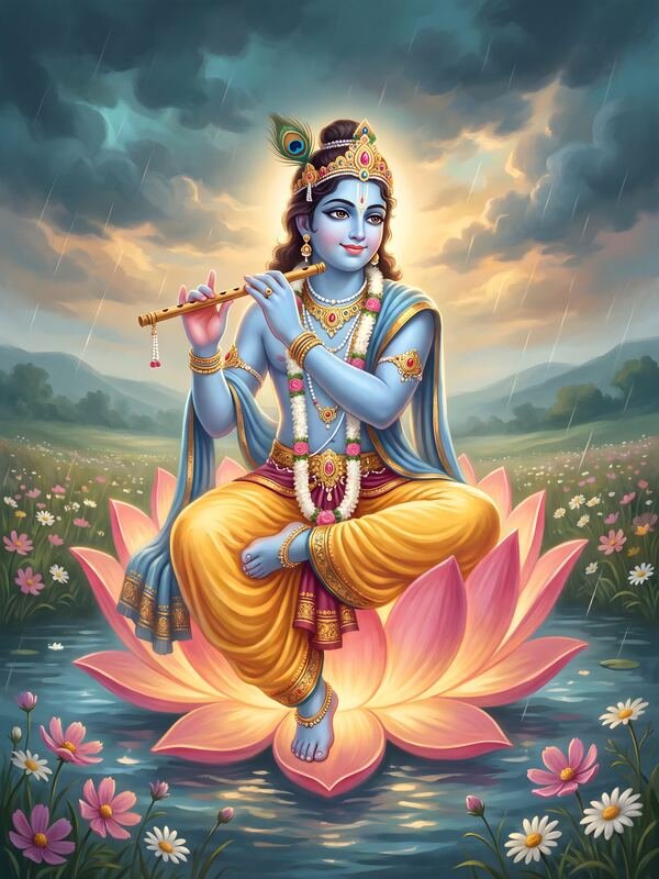 Krishna Playing Flute on Lotus – Ultra HD God Photo