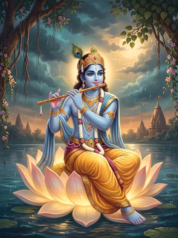 Krishna Playing Flute on Lotus 04 – Ultra HD God Photo