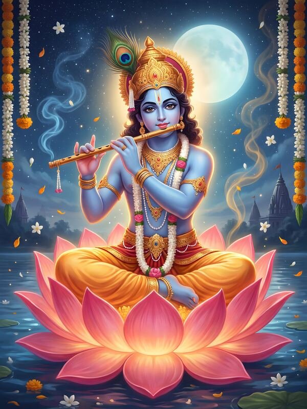 Krishna Playing Flute on Lotus 05 – Ultra HD God Photo