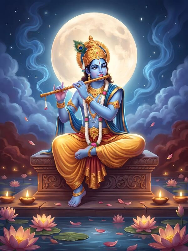 Krishna Playing Flute under the Full Moon – Ultra HD God Photo