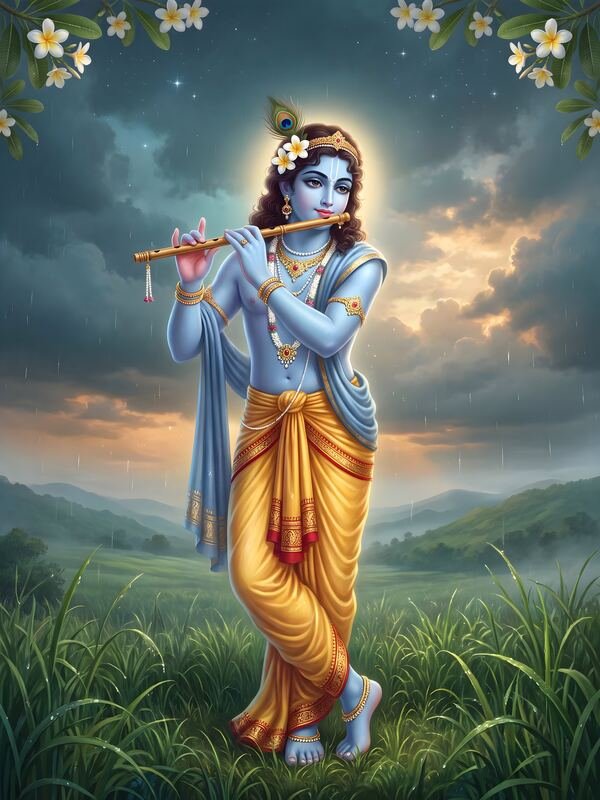 Krishna Playing Flute under the Moon – Ultra HD God Photo