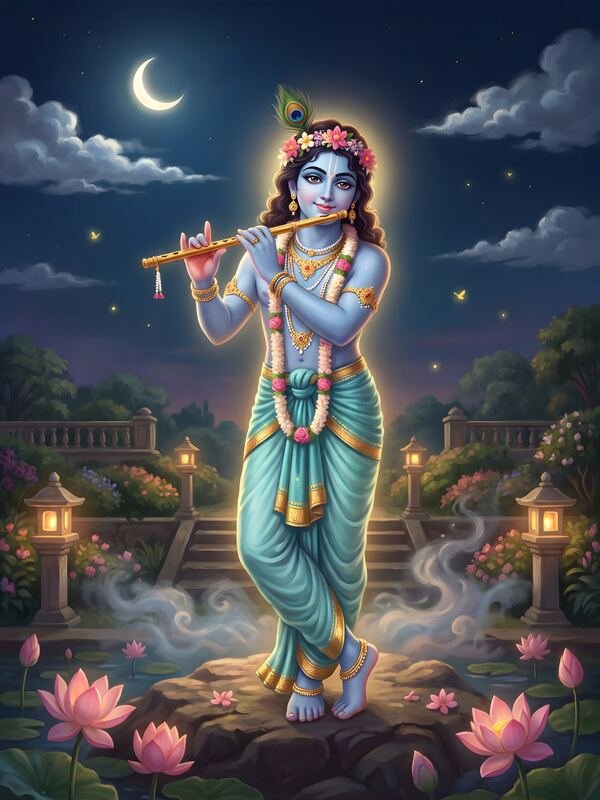 Krishna Playing Flute under the Moon 03 – Ultra HD God Photo