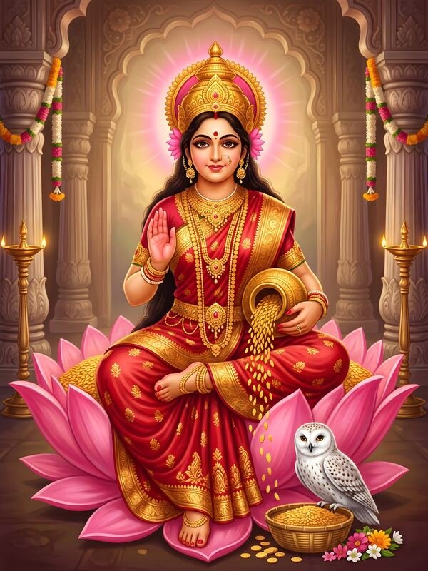 Maa Lakshmi on Lotus with Owl 05 – Ultra HD God Photo