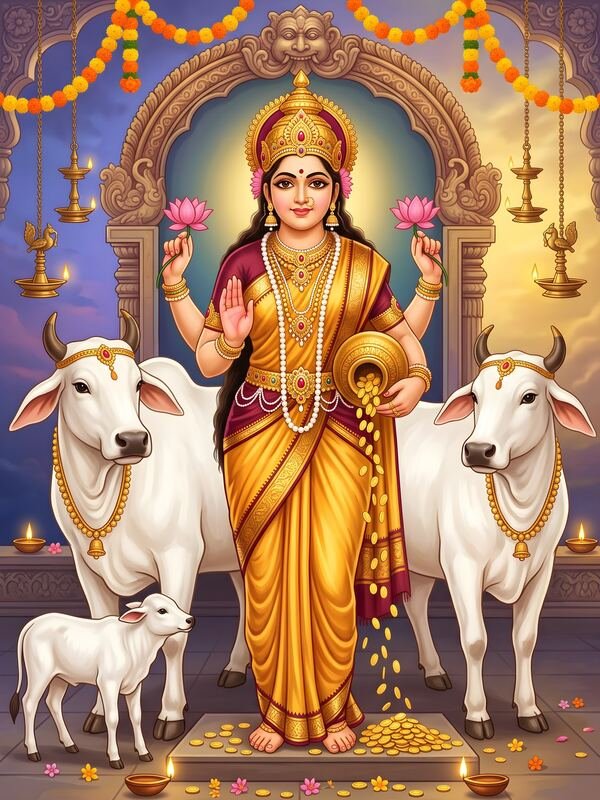 Maa Lakshmi with Kamdhenu Cows 02 – Ultra HD God Photo