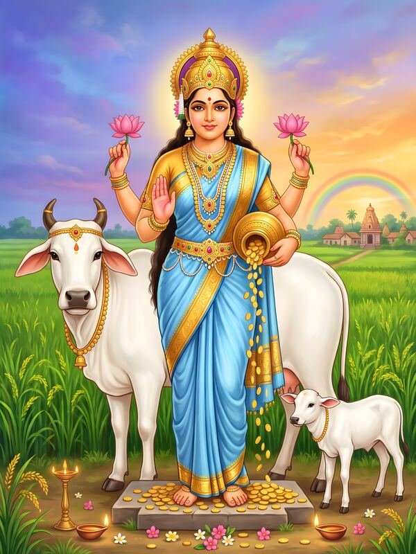 Maa Lakshmi with Kamdhenu Cows 03 – Ultra HD God Photo