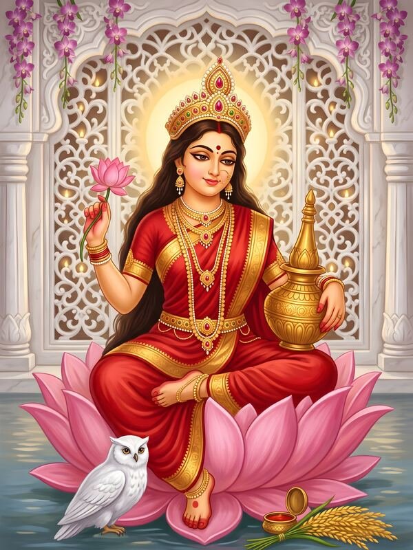 Maa Lakshmi on Lotus with Owl 07 – Ultra HD God Photo