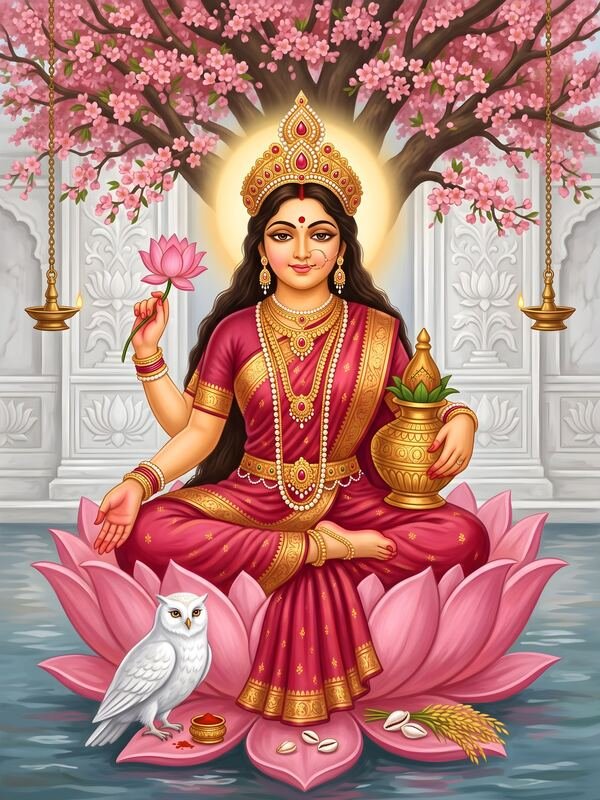 Maa Lakshmi on Lotus with Owl 09 – Ultra HD God Photo