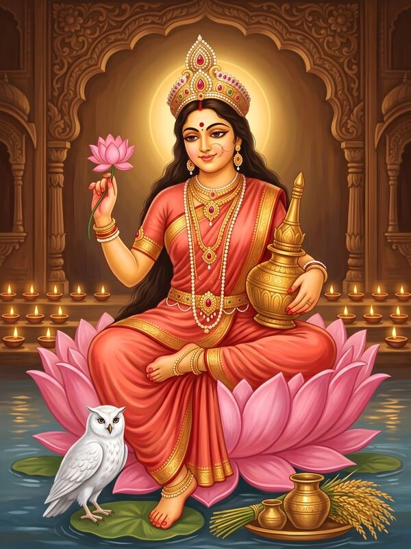 Maa Lakshmi on Lotus with Owl 12 – Ultra HD God Photo