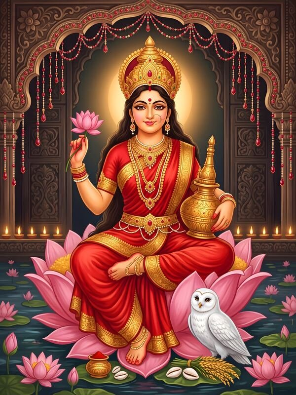 Maa Lakshmi on Lotus with Owl 14 – Ultra HD God Photo