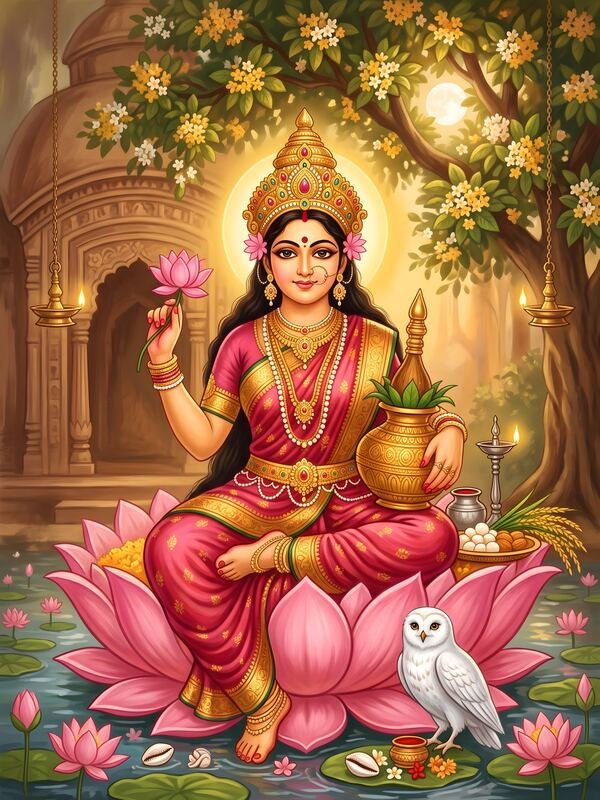 Maa Lakshmi on Lotus with Owl 16 – Ultra HD God Photo