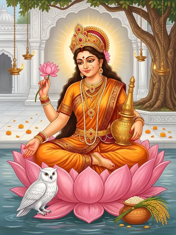 Maa Lakshmi on Lotus with Owl 17 – Ultra HD God Photo
