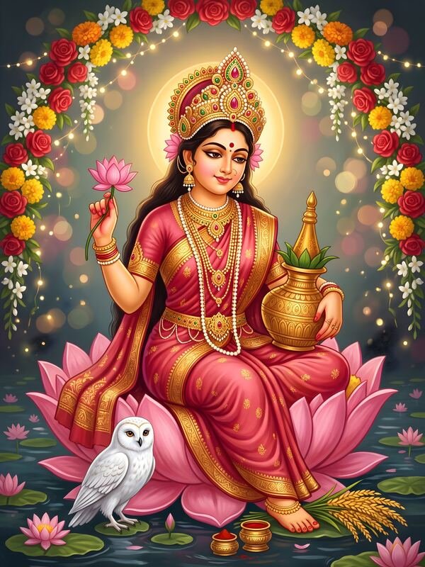 Maa Lakshmi on Lotus with Owl 18 – Ultra HD God Photo