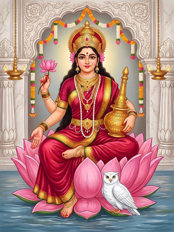 Maa Lakshmi on Lotus with Owl 35 – Ultra HD God Photo