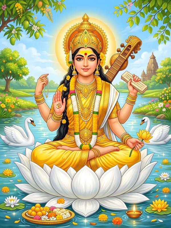 Maa Saraswati on White Lotus with Swans 09 – Ultra HD God Photo