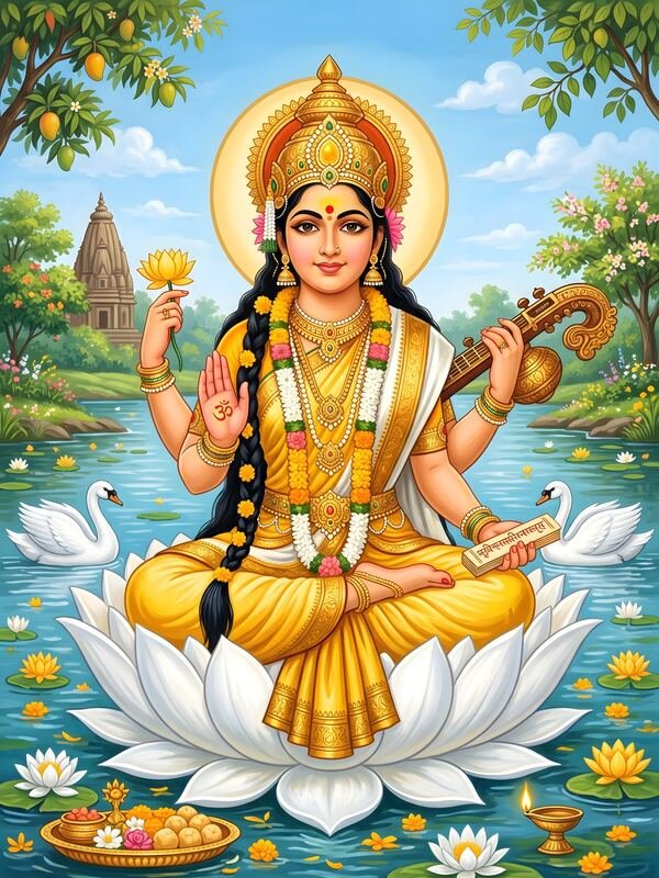 Maa Saraswati on White Lotus with Swans 10 – Ultra HD God Photo