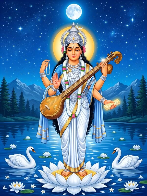 Maa Saraswati on the Moonlit Lake 04 – Ultra HD God Photo