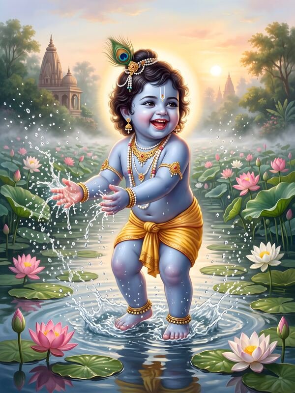Bal Krishna Playing in the Lotus Pond – Ultra HD God Photo