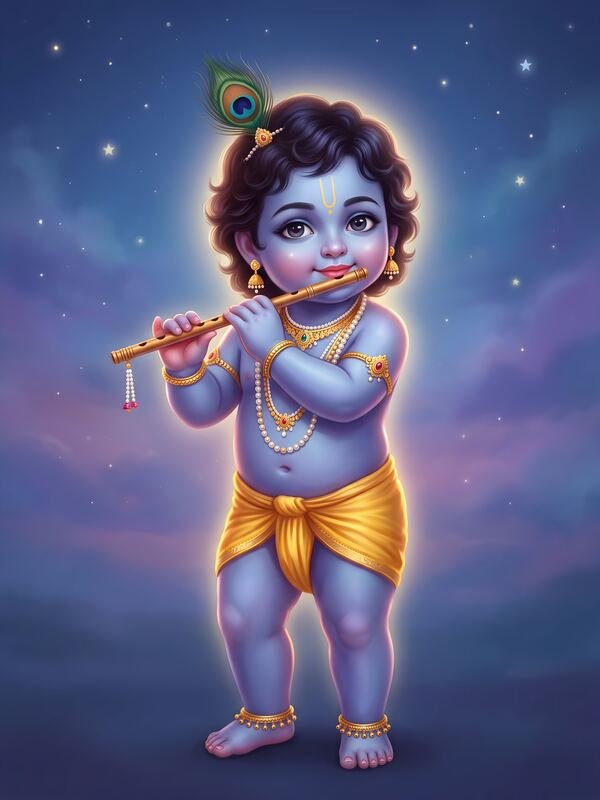 Bal Krishna Playing Flute at Night 04 – Ultra HD God Photo