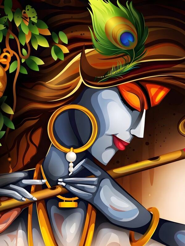 Krishna Playing Flute in Golden Light 02 – Ultra HD God Photo (Landscape)
