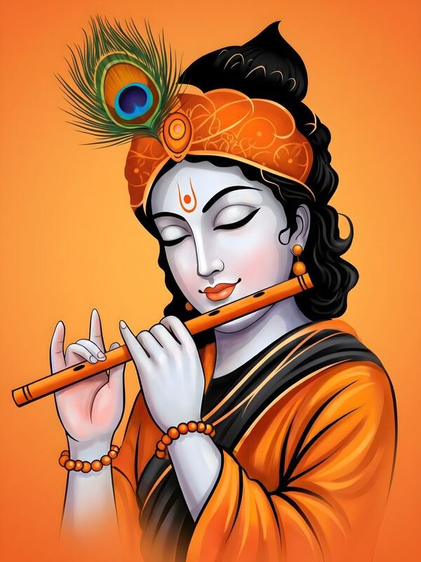 Krishna Playing Flute Orange Art 03 – Ultra HD God Photo