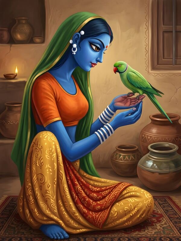 Woman with Green Parrot Folk Art 04 – Ultra HD Wall Art