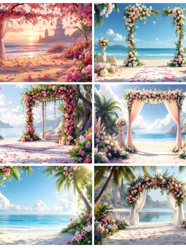 Floral Wedding Beach Backdrops – 47 Digital AI Backgrounds