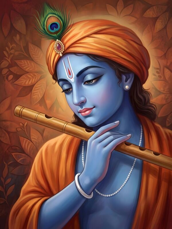 Krishna Playing Flute with Orange Turban – Ultra HD God Photo