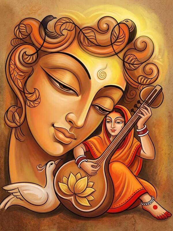 Radha Krishna Modern Art with Veena – Ultra HD God Photo