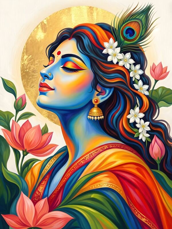 Krishna Colourful Face Art with Lotus – Ultra HD God Photo