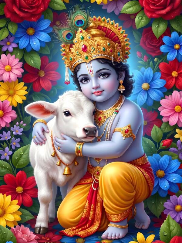 Bal Gopal Krishna Hugging Calf with Flowers – Ultra HD God Photo