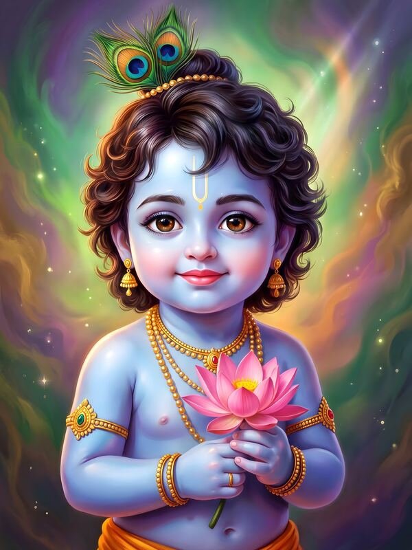 Bal Gopal Krishna Holding Lotus – Ultra HD God Photo