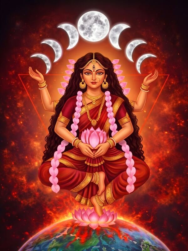 Adi Shakti Devi on Lotus with Moon Phases – Ultra HD God Photo