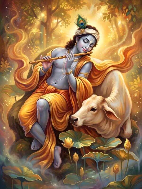 Krishna Playing Flute with Cow in Golden Forest – Ultra HD God Photo