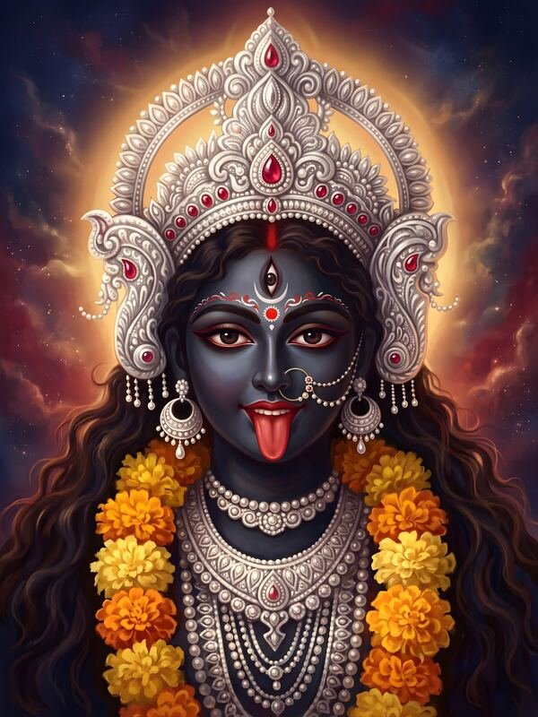 Maa Kali with Silver Crown and Marigold – Ultra HD God Photo