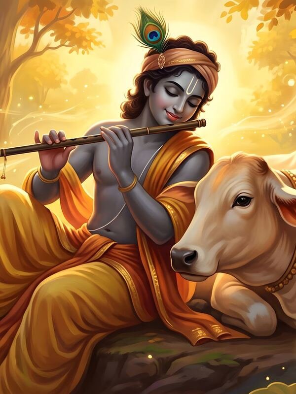 Krishna Playing Flute with Cow – Ultra HD God Photo (Landscape)