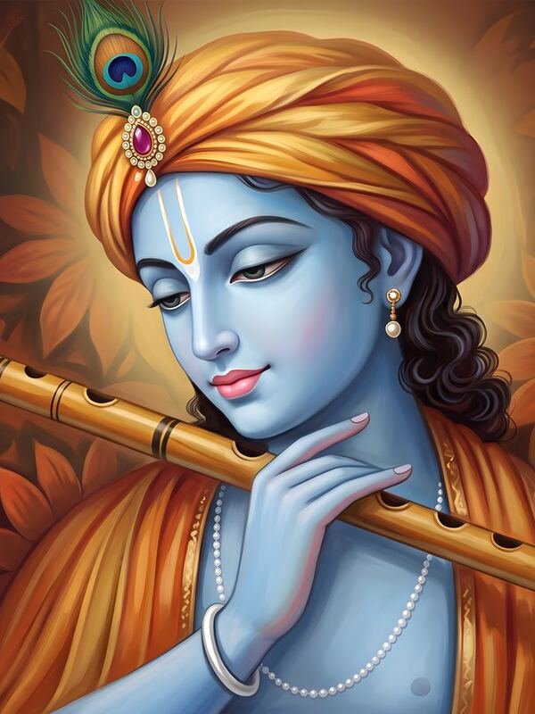 Krishna Playing Flute with Orange Turban – Ultra HD God Photo (Landscape)