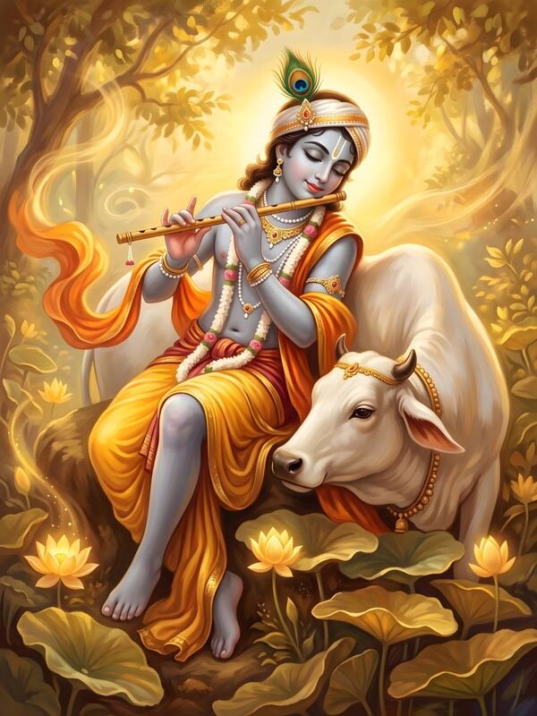 Krishna Playing Flute with Cow – Ultra HD God Photo