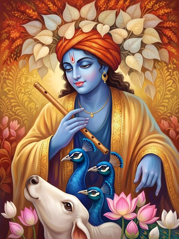 Krishna with Cow and Peacocks – Ultra HD God Photo