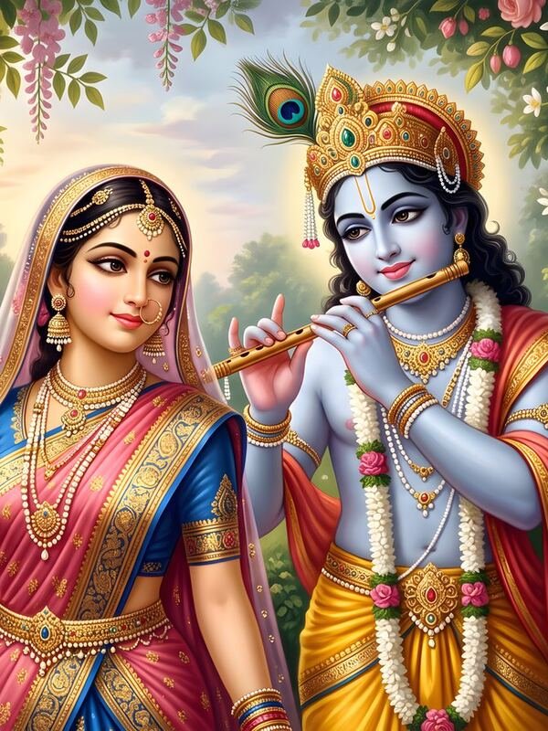 Radha Krishna Standing in Flower Garden – Ultra HD God Photo (Landscape)