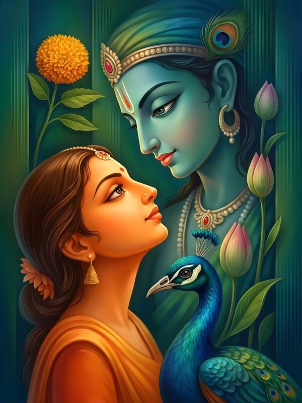Radha Gazing at Krishna with Peacock – Ultra HD God Photo