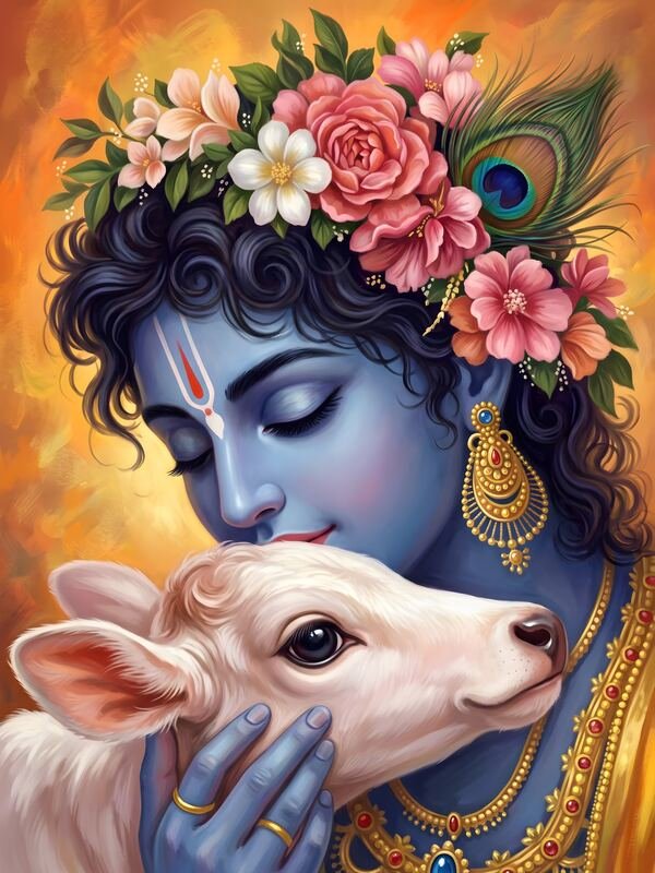 Krishna Hugging White Calf with Flower Crown – Ultra HD God Photo