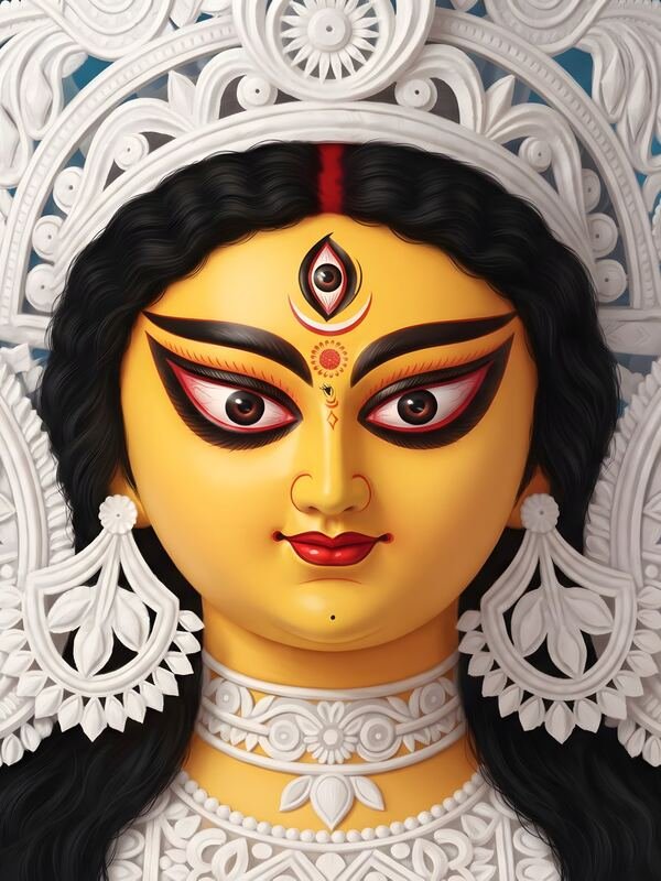 Maa Durga Face with White Shola Crown on Blue – Ultra HD God Photo (Landscape)