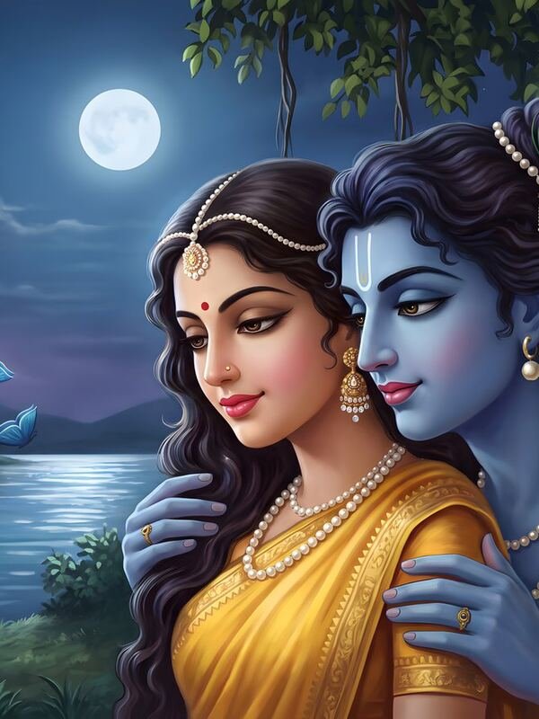 Radha Krishna Under the Moon by the Lake – Ultra HD God Photo (Landscape)