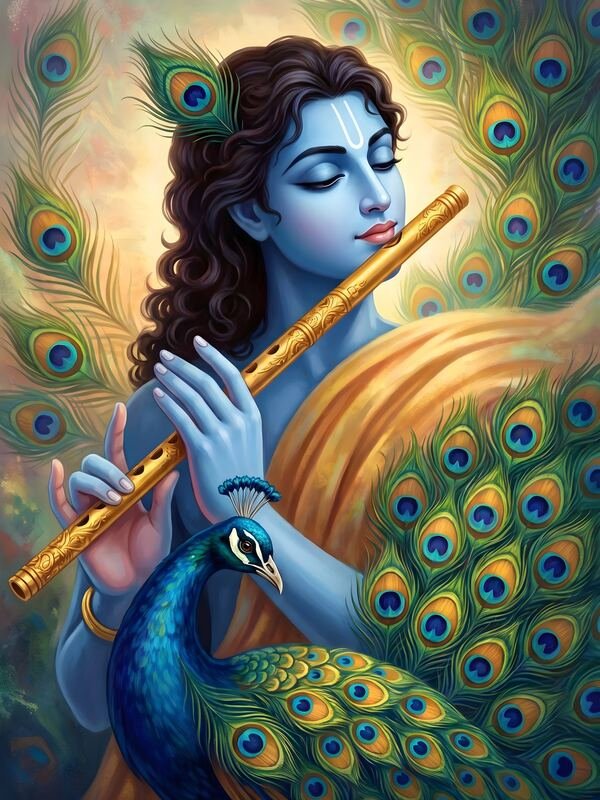 Krishna Playing Flute with Peacock – Ultra HD God Photo