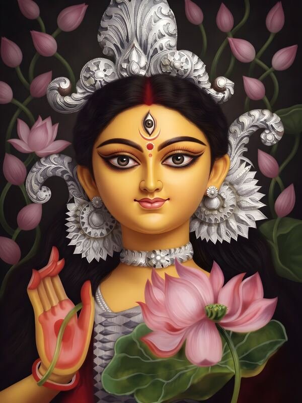 Maa Durga with Silver Crown and Pink Lotus – Ultra HD God Photo
