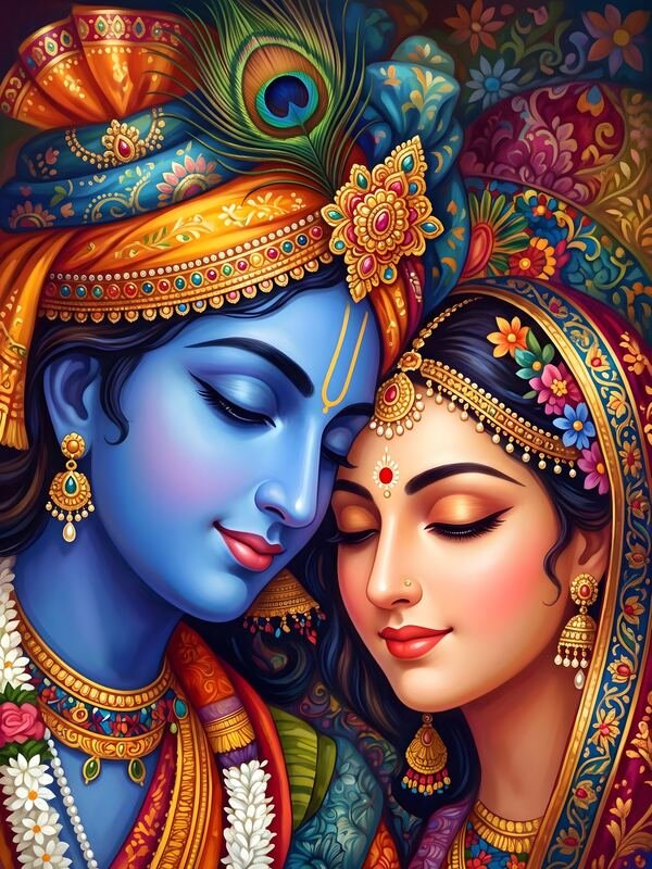 Radha Krishna Embrace with Decorated Turban – Ultra HD God Photo