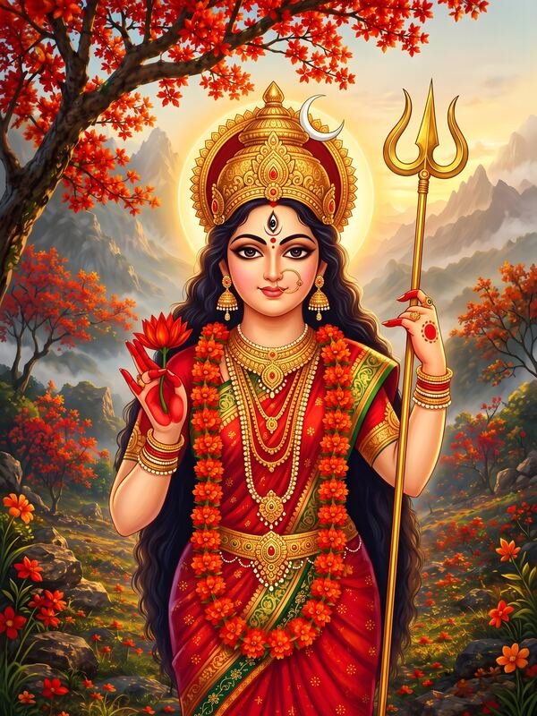 Maa Durga with Trishul in Autumn Forest – Ultra HD God Photo