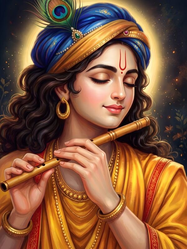Krishna Playing Flute with Blue Turban and Halo – Ultra HD God Photo