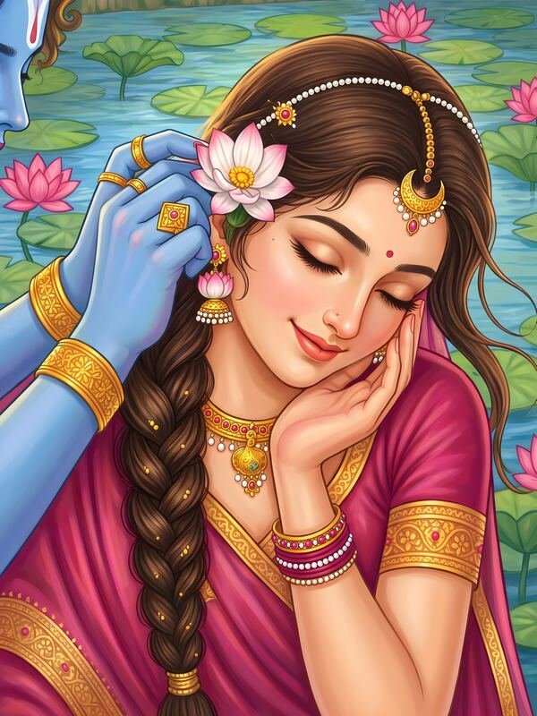Krishna Placing Lotus in Radha's Hair – Ultra HD God Photo