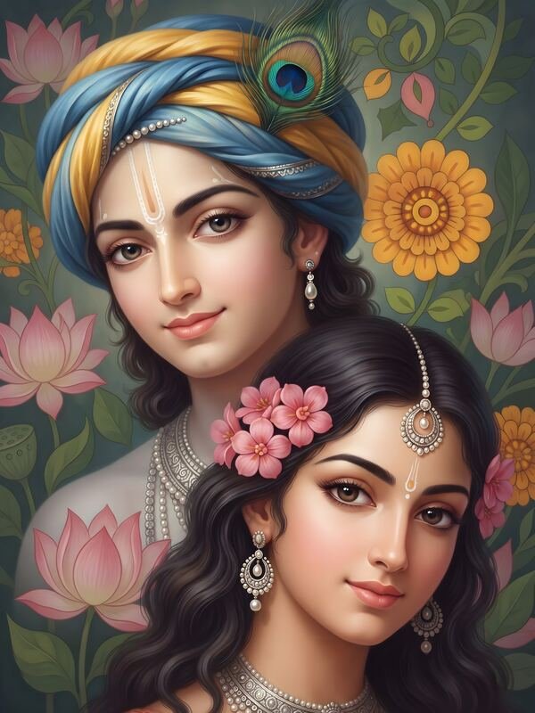 Radha Krishna with Lotus and Sunflowers – Ultra HD God Photo